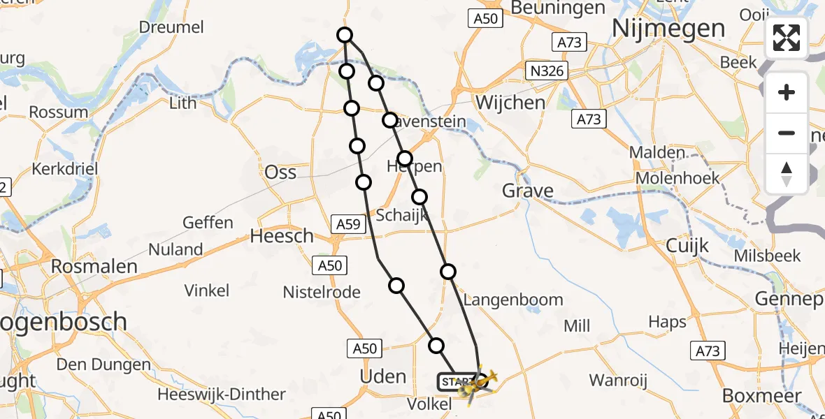 Vluchtroute Traumahelikopter van Vliegbasis Volkel naar Vliegbasis Volkel