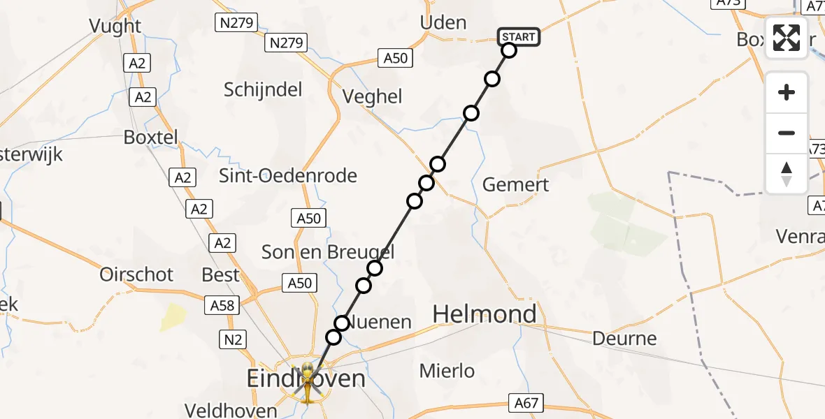 Vluchtroute Traumahelikopter van Vliegbasis Volkel naar Eindhoven