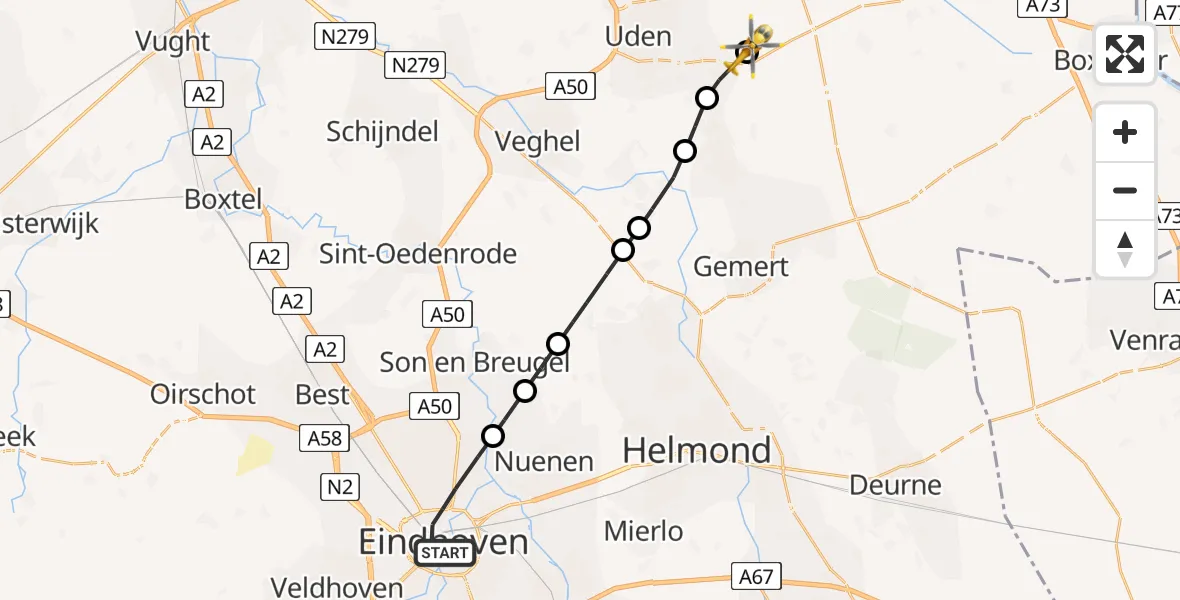 Vluchtroute Traumahelikopter van Eindhoven naar Vliegbasis Volkel