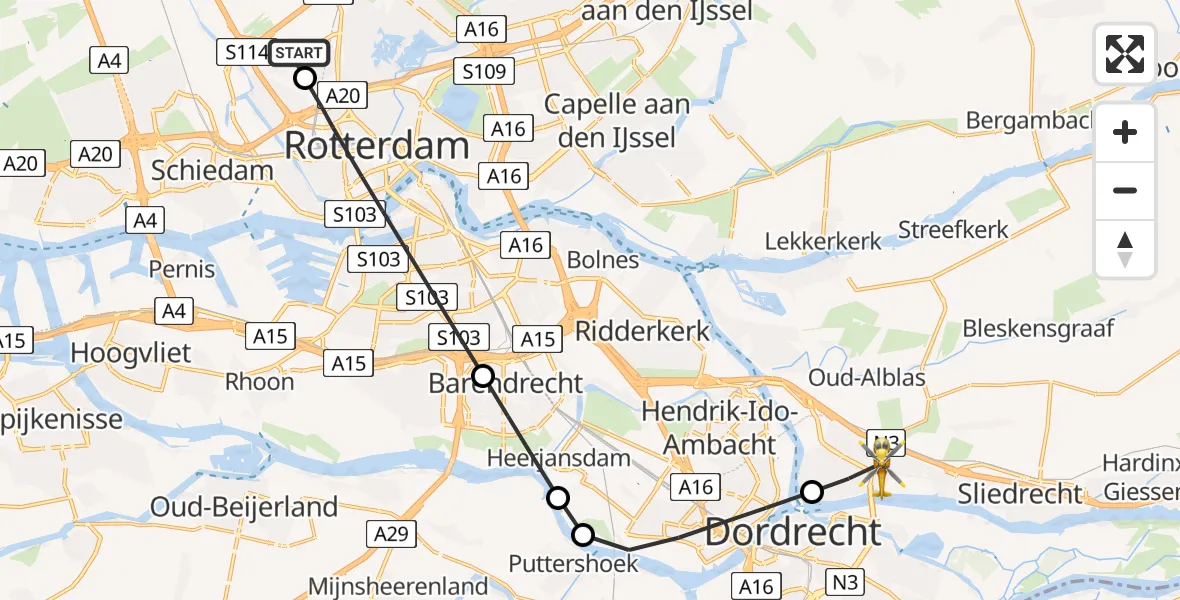Vluchtroute Traumahelikopter van Rotterdam The Hague Airport naar Papendrecht