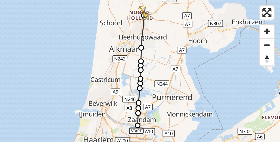 Vluchtroute Traumahelikopter van Amsterdam Heliport naar Waarland