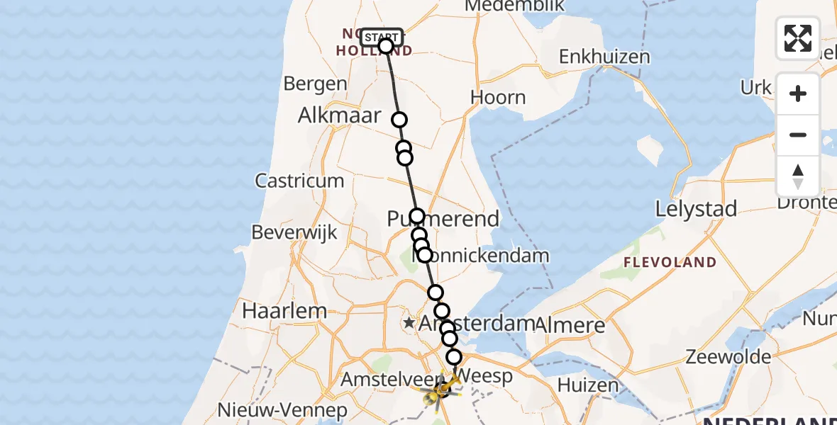 Vluchtroute Traumahelikopter van Waarland naar Amsterdam UMC Helipad