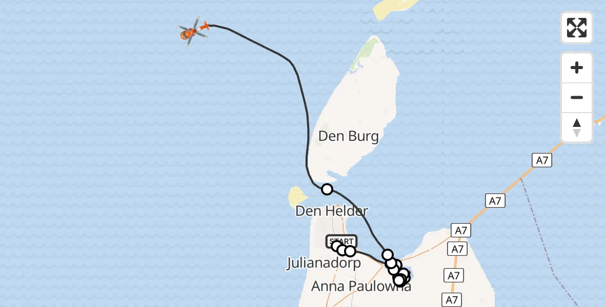 Vluchtroute Kustwachthelikopter van Militair vliegveld De Kooy / Den Helder Airport naar Noordzee