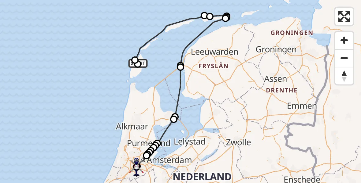 Vluchtroute Politiehelikopter van Texel International Airport naar Amsterdam Vliegveld Schiphol