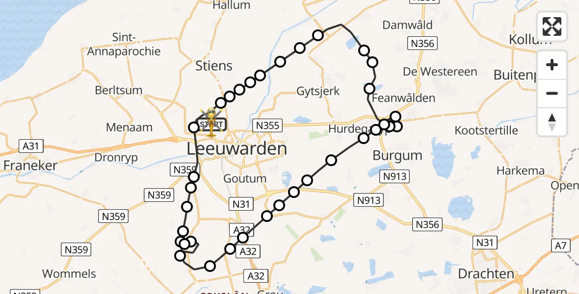 Vluchtroute Ambulancehelikopter van Vliegbasis Leeuwarden naar Vliegbasis Leeuwarden