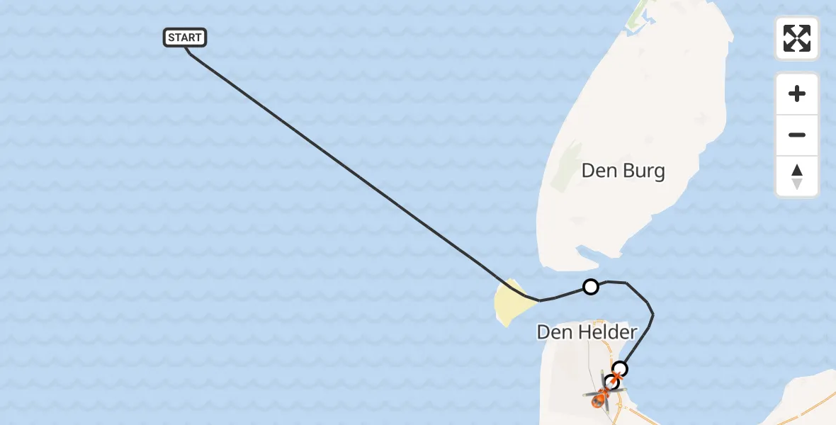 Vluchtroute Kustwachthelikopter van Noordzee naar Militair vliegveld De Kooy / Den Helder Airport