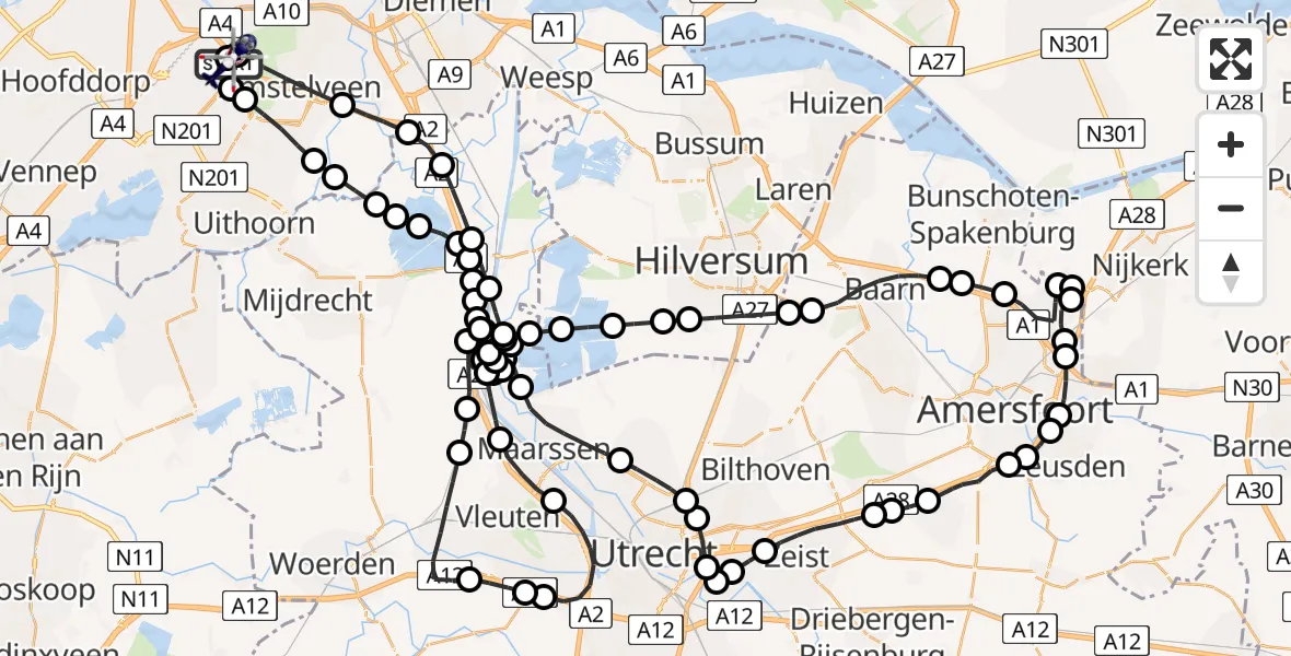 Vluchtroute Politiehelikopter van Amsterdam Vliegveld Schiphol naar Amsterdam Vliegveld Schiphol