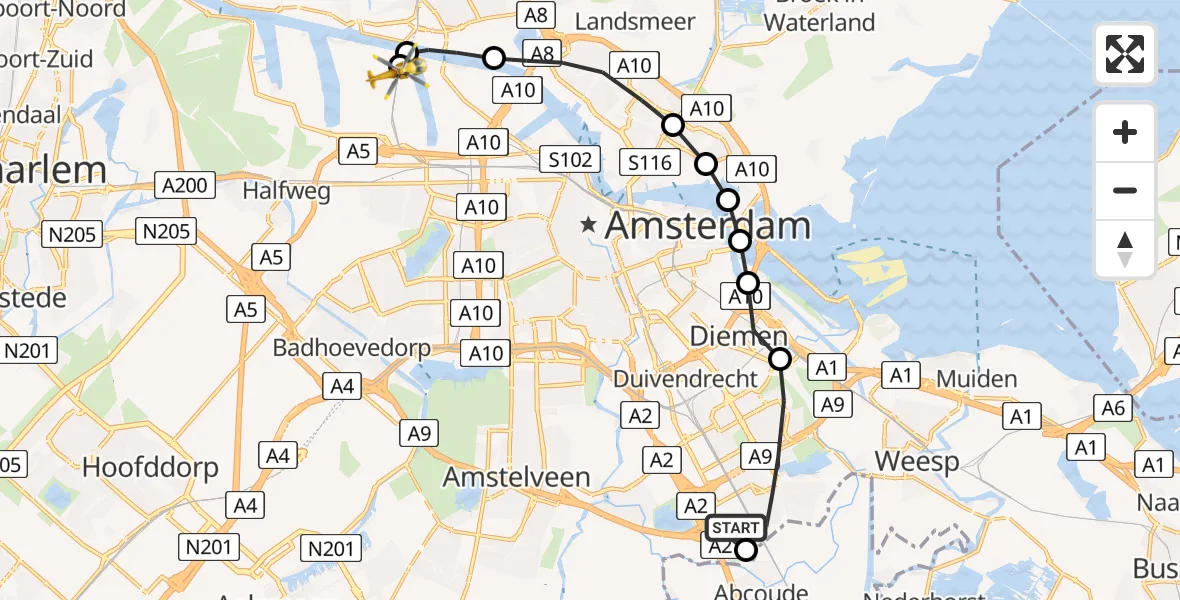 Vluchtroute Traumahelikopter van Amsterdam UMC Helipad naar Amsterdam Heliport