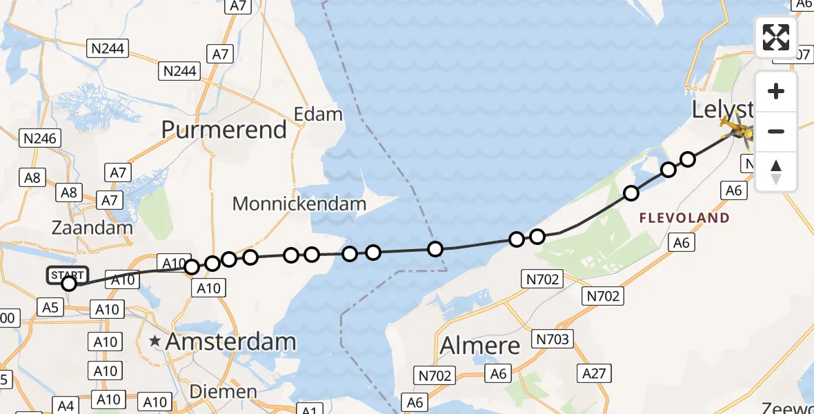 Vluchtroute Traumahelikopter van Amsterdam Heliport naar Lelystad