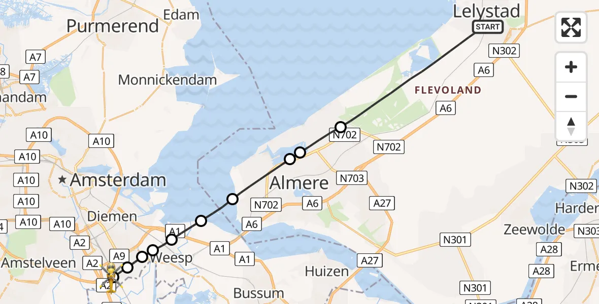 Vluchtroute Traumahelikopter van Lelystad naar Amsterdam UMC Helipad