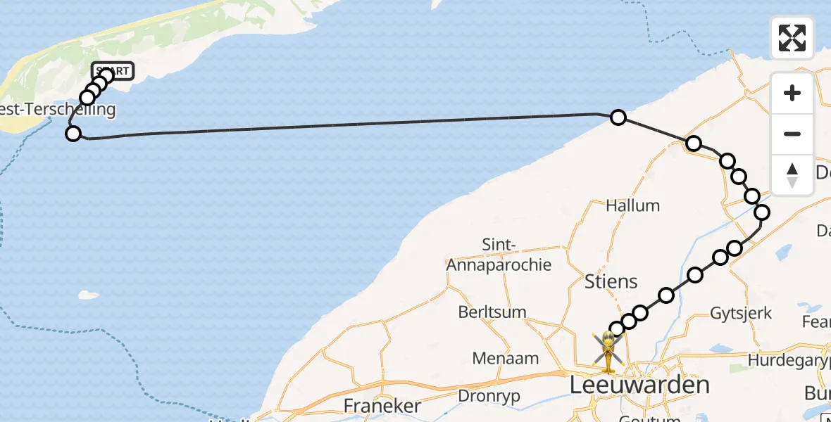 Vluchtroute Ambulancehelikopter van Terschelling Heliport naar Vliegbasis Leeuwarden