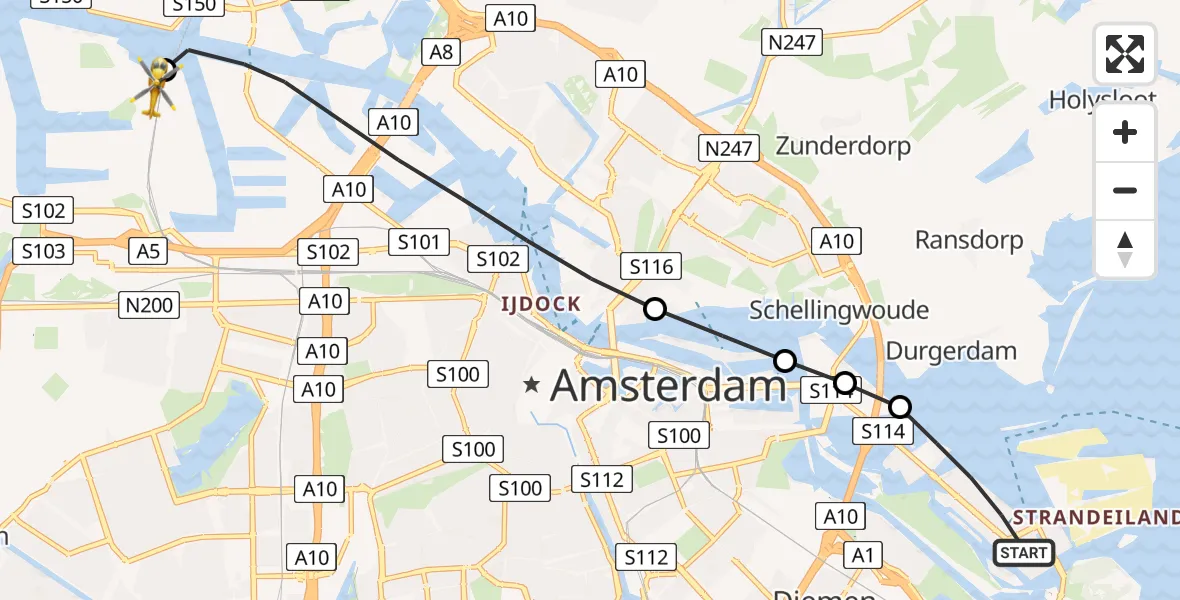 Vluchtroute Traumahelikopter van Amsterdam naar Amsterdam Heliport