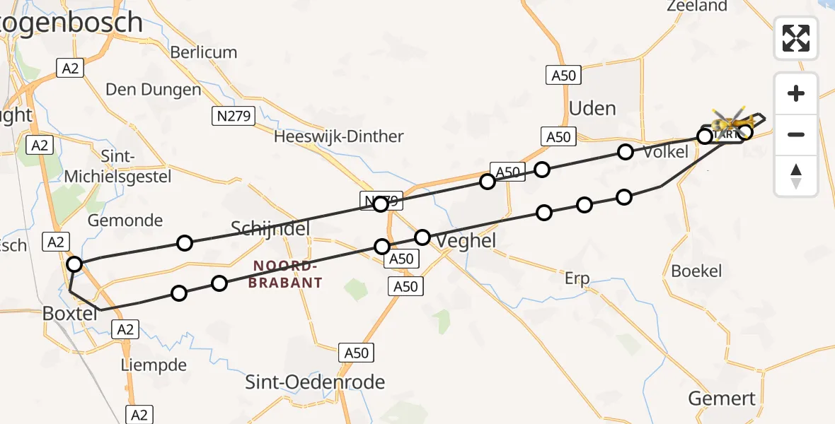 Vluchtroute Traumahelikopter van Vliegbasis Volkel naar Vliegbasis Volkel