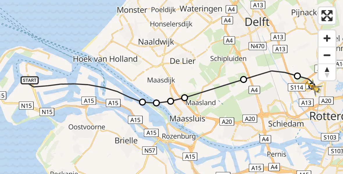 Vluchtroute Traumahelikopter van Rotterdam naar Rotterdam The Hague Airport