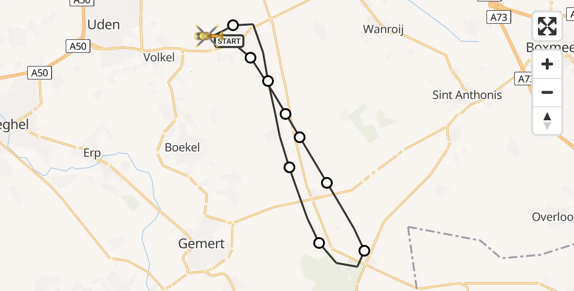 Vluchtroute Traumahelikopter van Vliegbasis Volkel naar Vliegbasis Volkel