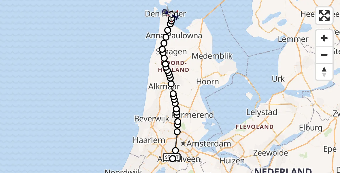 Vluchtroute Politiehelikopter van Amsterdam Vliegveld Schiphol naar Den Helder