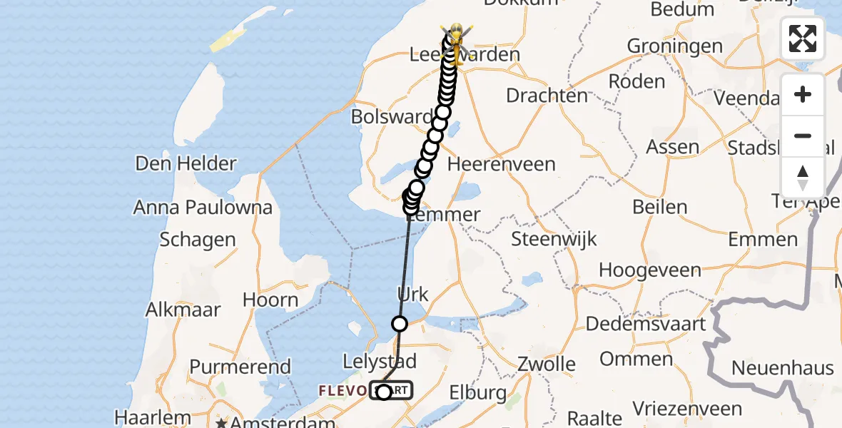 Vluchtroute Ambulancehelikopter van Lelystad Airport naar Vliegbasis Leeuwarden