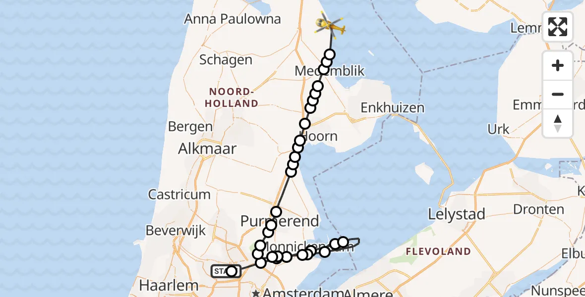 Vluchtroute Traumahelikopter van Amsterdam Heliport naar IJsselmeer