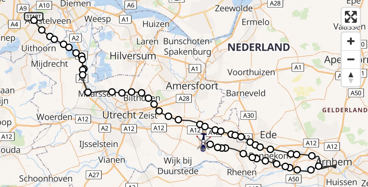 Vluchtroute Politiehelikopter van Amsterdam Vliegveld Schiphol naar Leersum