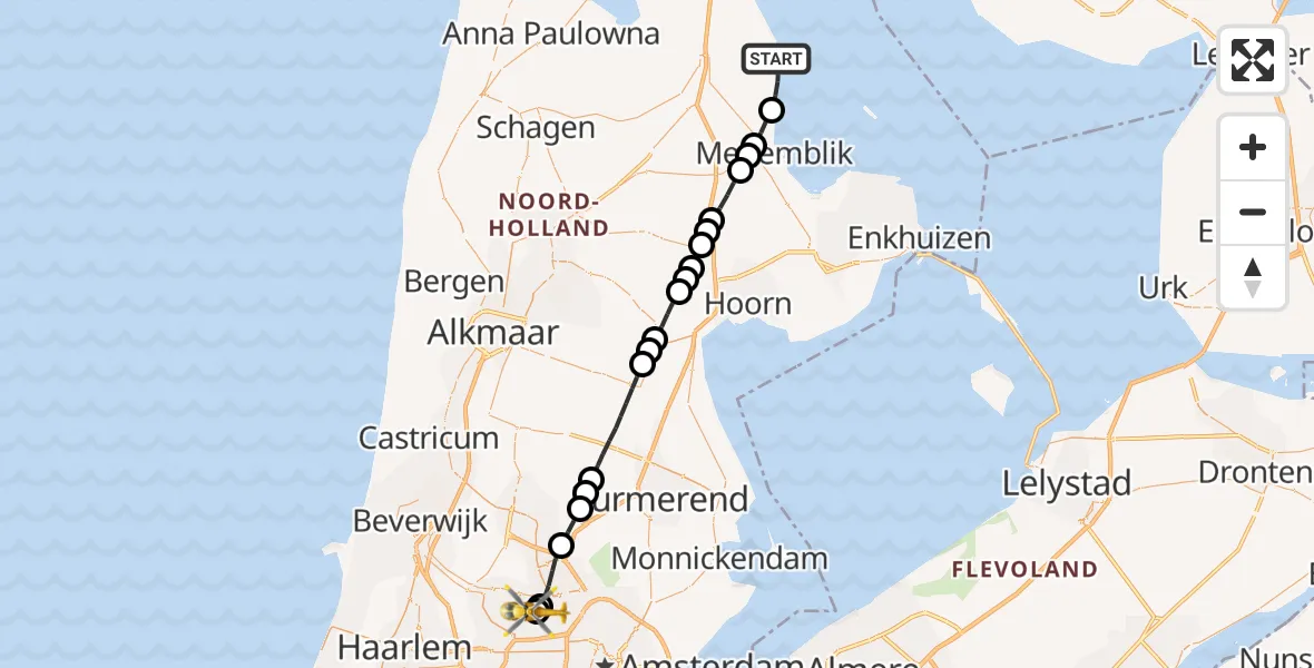 Vluchtroute Traumahelikopter van IJsselmeer naar Amsterdam Heliport