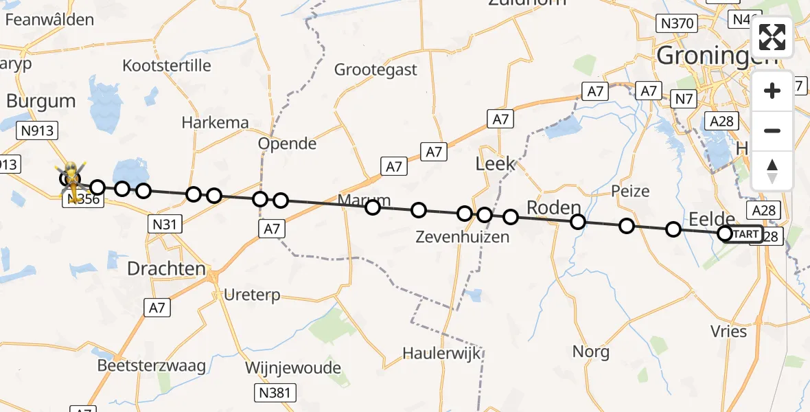 Vluchtroute Traumahelikopter van Groningen Airport Eelde naar De Tike