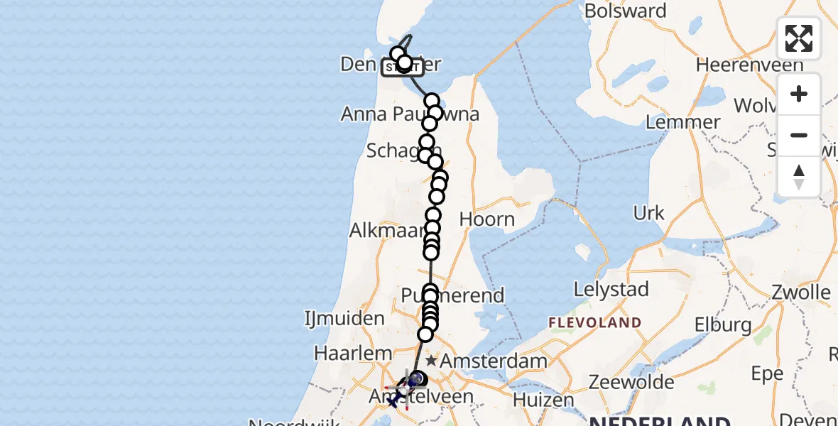 Vluchtroute Politiehelikopter van Den Helder naar Amsterdam Vliegveld Schiphol