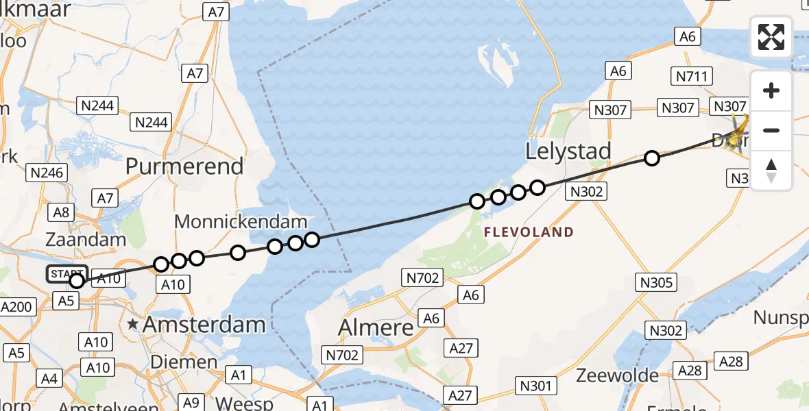 Vluchtroute Traumahelikopter van Amsterdam Heliport naar Dronten