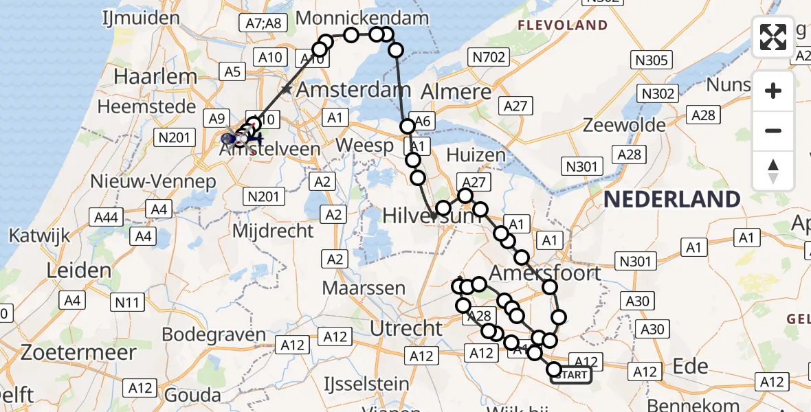 Vluchtroute Politiehelikopter van Leersum naar Amsterdam Vliegveld Schiphol