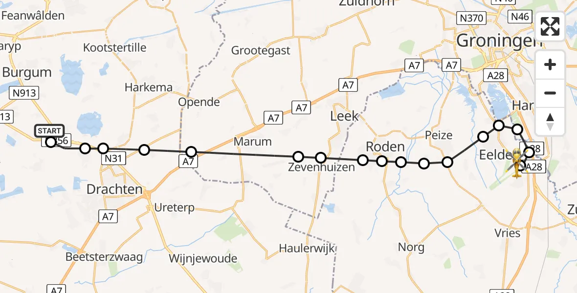 Vluchtroute Traumahelikopter van De Tike naar Groningen Airport Eelde