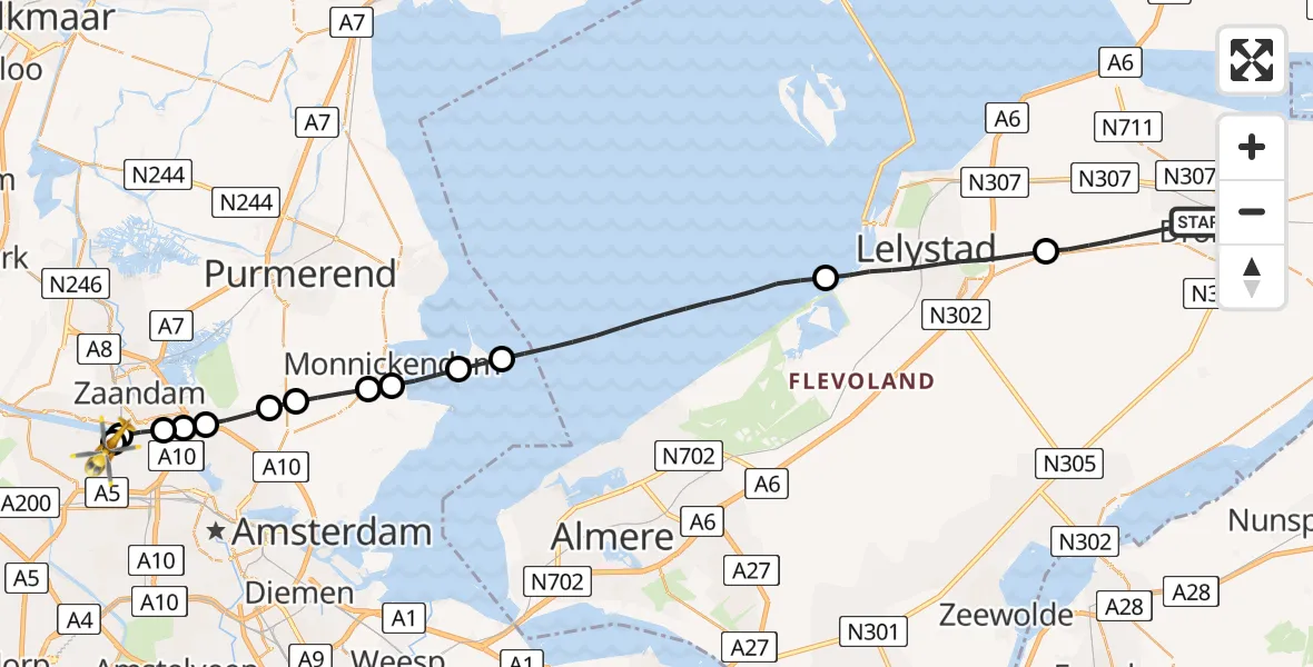 Vluchtroute Traumahelikopter van Dronten naar Amsterdam Heliport