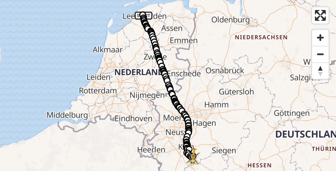 Vluchtroute Ambulancehelikopter van Vliegbasis Leeuwarden naar Bonn-Hangelar Flugplatz