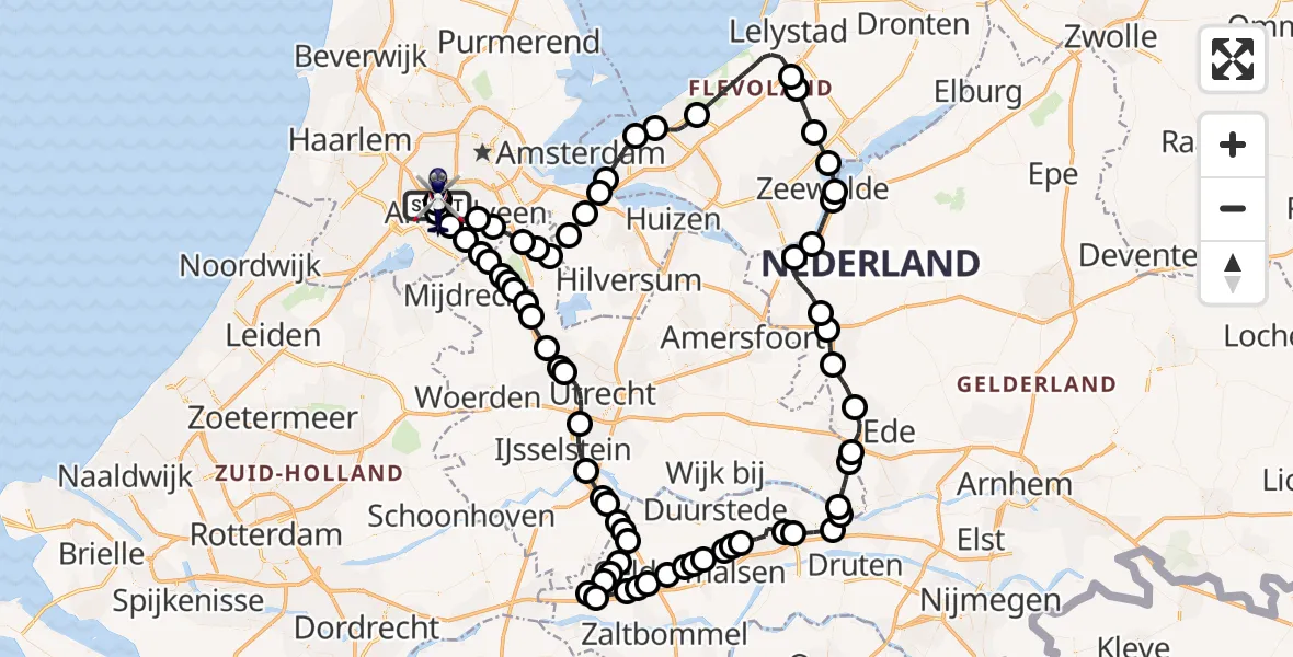 Vluchtroute Politiehelikopter van Amsterdam Vliegveld Schiphol naar Amsterdam Vliegveld Schiphol