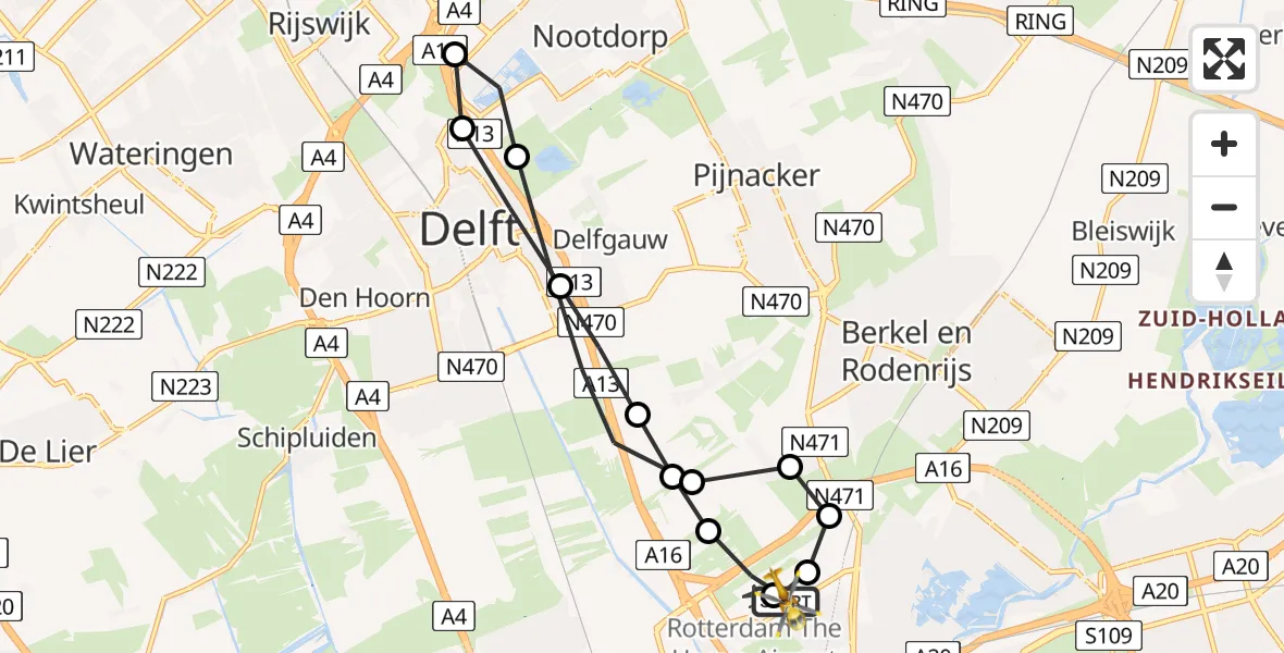 Vluchtroute Traumahelikopter van Rotterdam The Hague Airport naar Rotterdam The Hague Airport