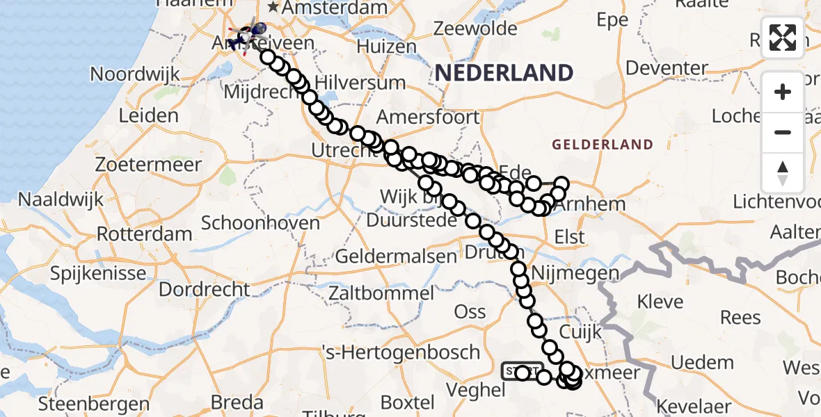 Vluchtroute Politiehelikopter van Vliegbasis Volkel naar Amsterdam Vliegveld Schiphol