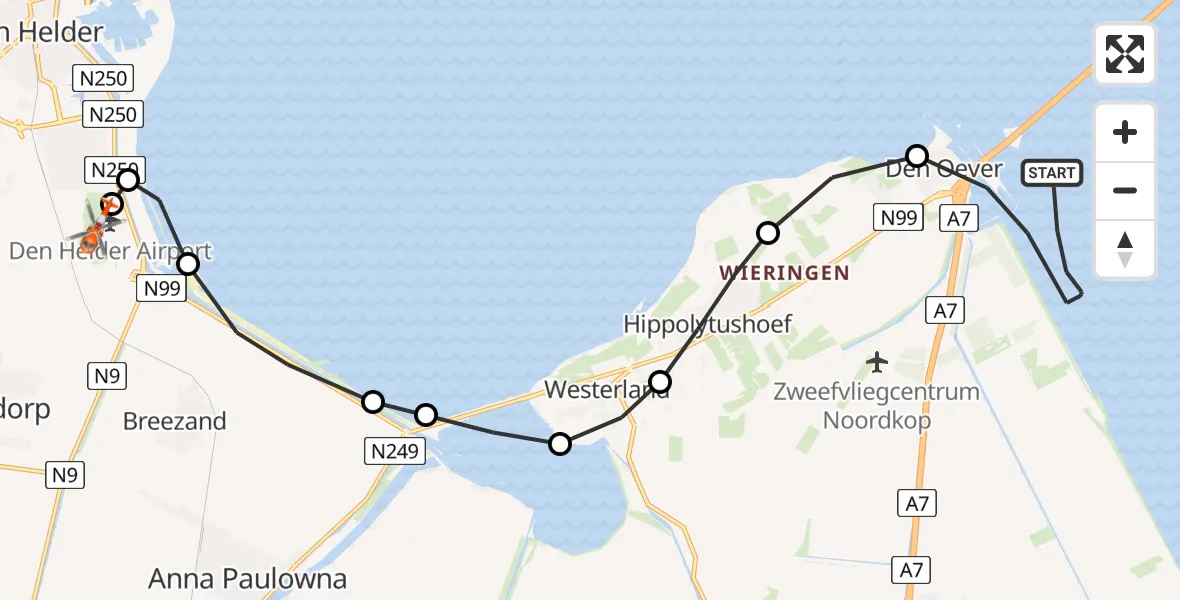 Vluchtroute Kustwachthelikopter van IJsselmeer naar Militair vliegveld De Kooy / Den Helder Airport