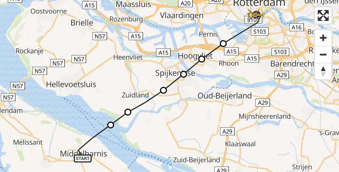 Vluchtroute Traumahelikopter van Middelharnis naar Leids Universitair Medisch Centrum (LUMC)