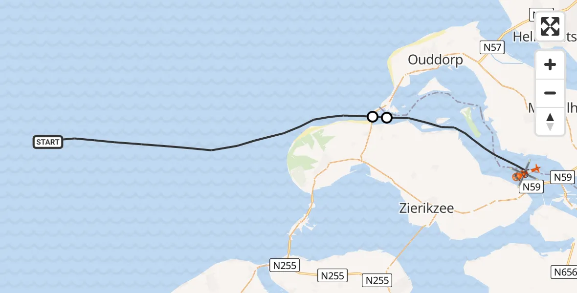 Vluchtroute Kustwachthelikopter van Noordzee naar Grevelingenmeer