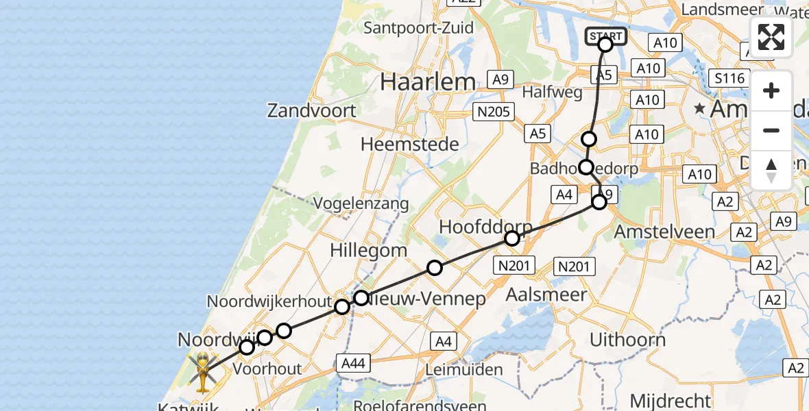 Vluchtroute Traumahelikopter van Amsterdam Heliport naar Noordwijk