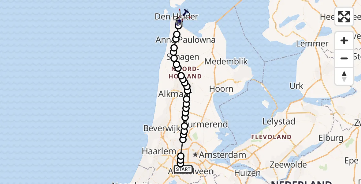 Vluchtroute Politiehelikopter van Amsterdam Vliegveld Schiphol naar Den Helder