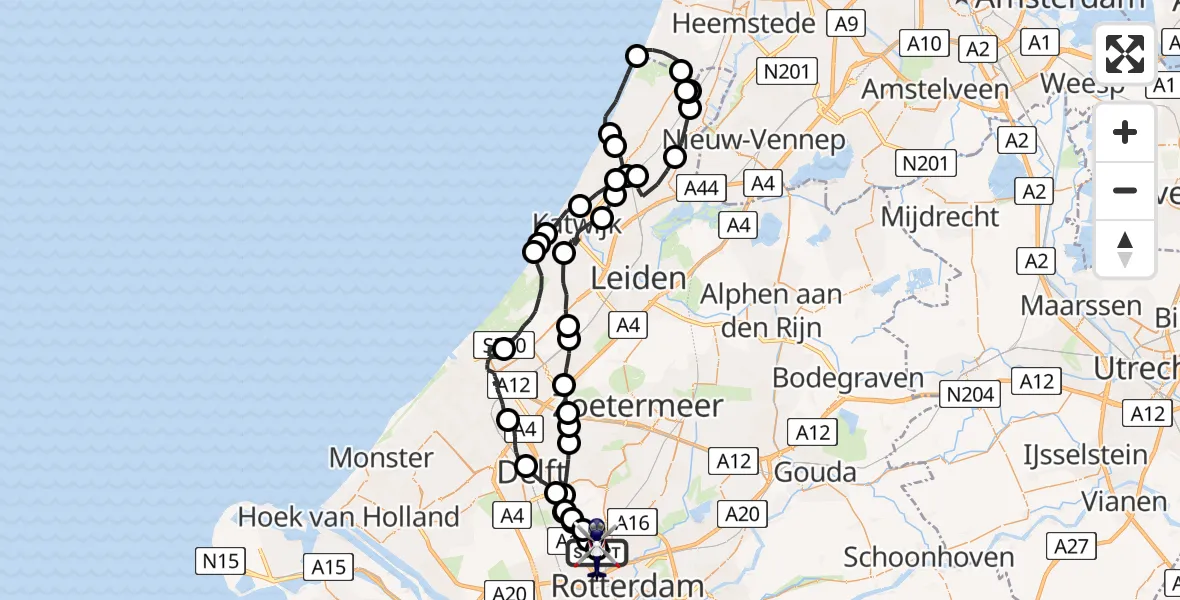 Vluchtroute Politiehelikopter van Rotterdam The Hague Airport naar Rotterdam The Hague Airport
