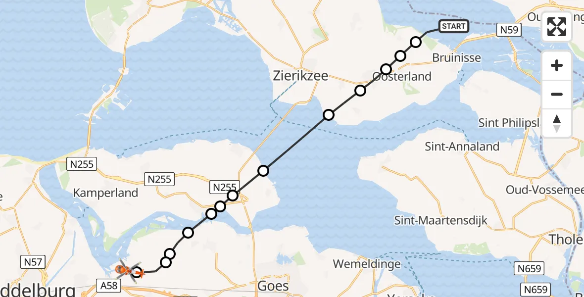 Vluchtroute Kustwachthelikopter van Grevelingenmeer naar Vliegveld Midden-Zeeland