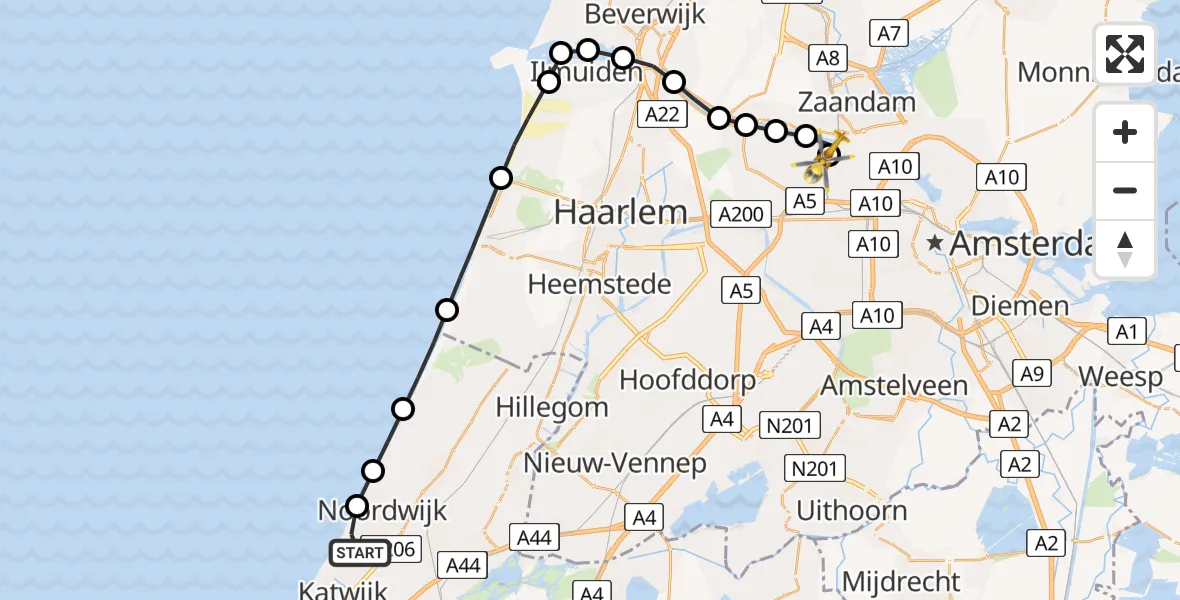 Vluchtroute Traumahelikopter van Noordwijk naar Amsterdam Heliport