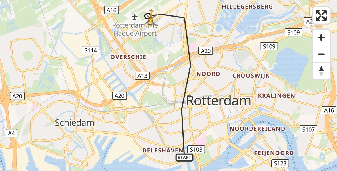 Vluchtroute Traumahelikopter van Rotterdam naar Rotterdam The Hague Airport
