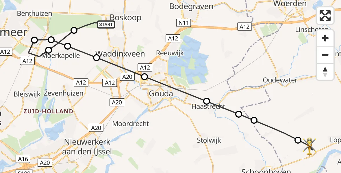 Vluchtroute Traumahelikopter van Waddinxveen naar Cabauw