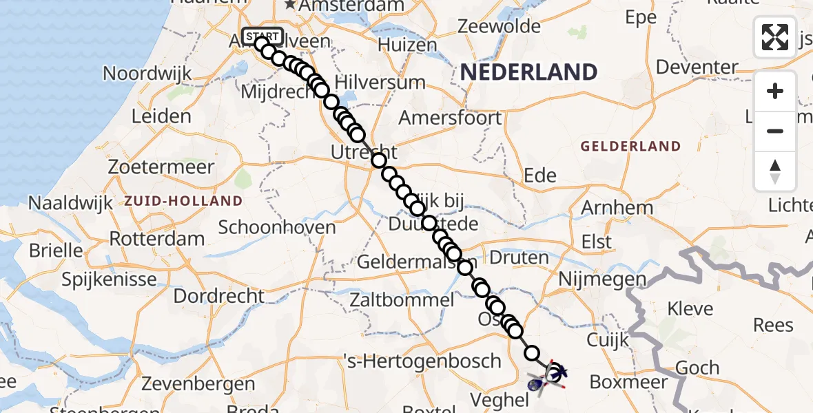 Vluchtroute Politiehelikopter van Amsterdam Vliegveld Schiphol naar Vliegbasis Volkel