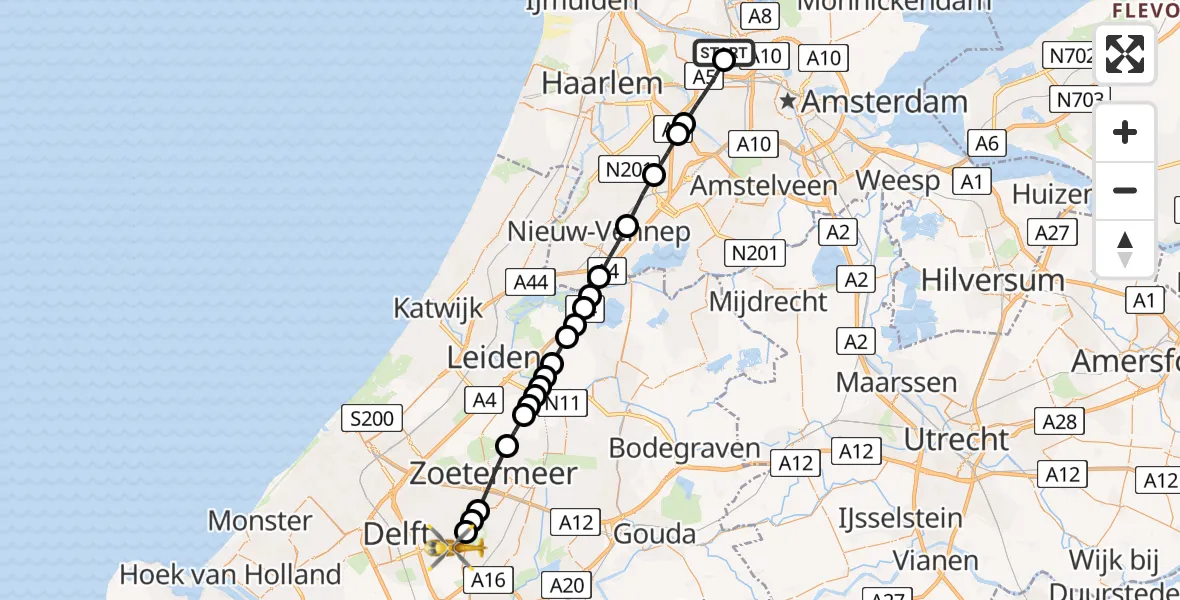 Vluchtroute Traumahelikopter van Amsterdam Heliport naar Pijnacker