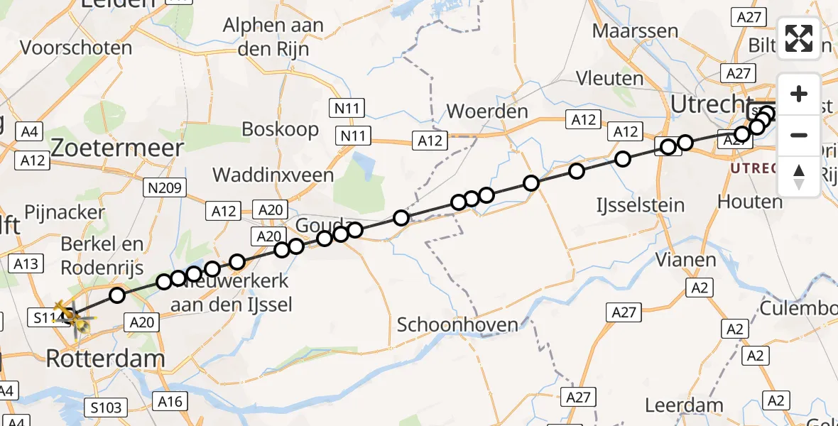 Vluchtroute Traumahelikopter van Universitair Medisch Centrum Utrecht naar Rotterdam The Hague Airport