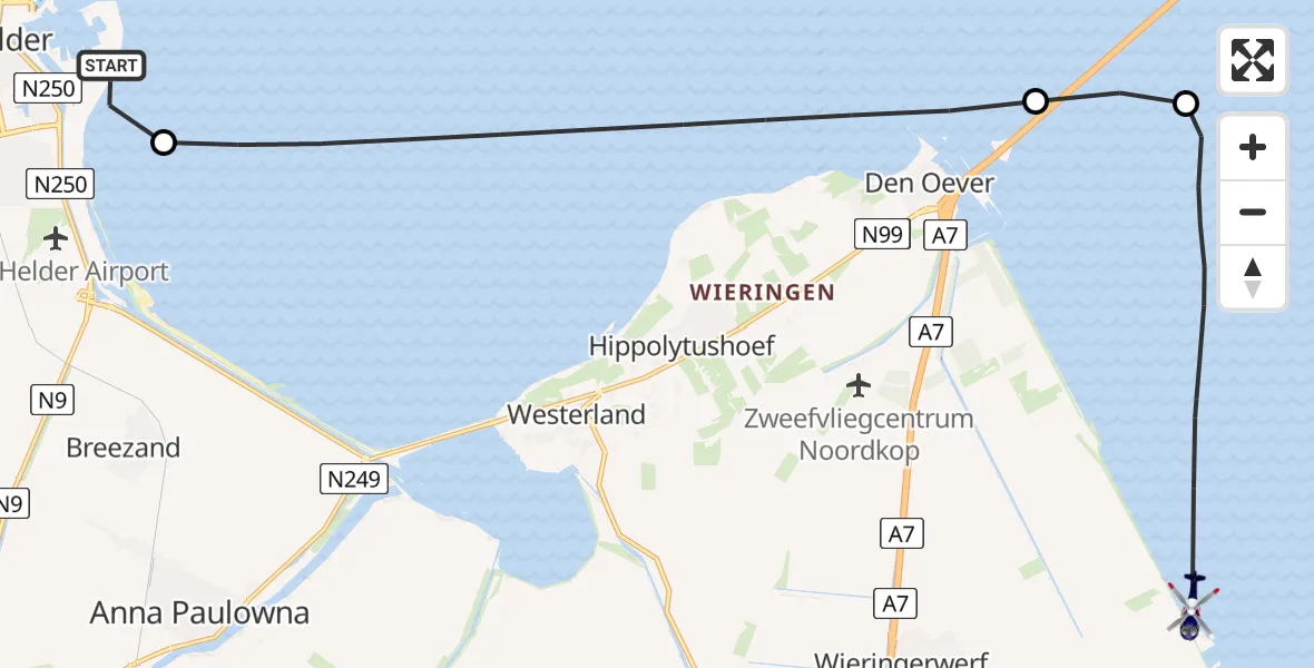 Vluchtroute Politiehelikopter van Den Helder naar IJsselmeer