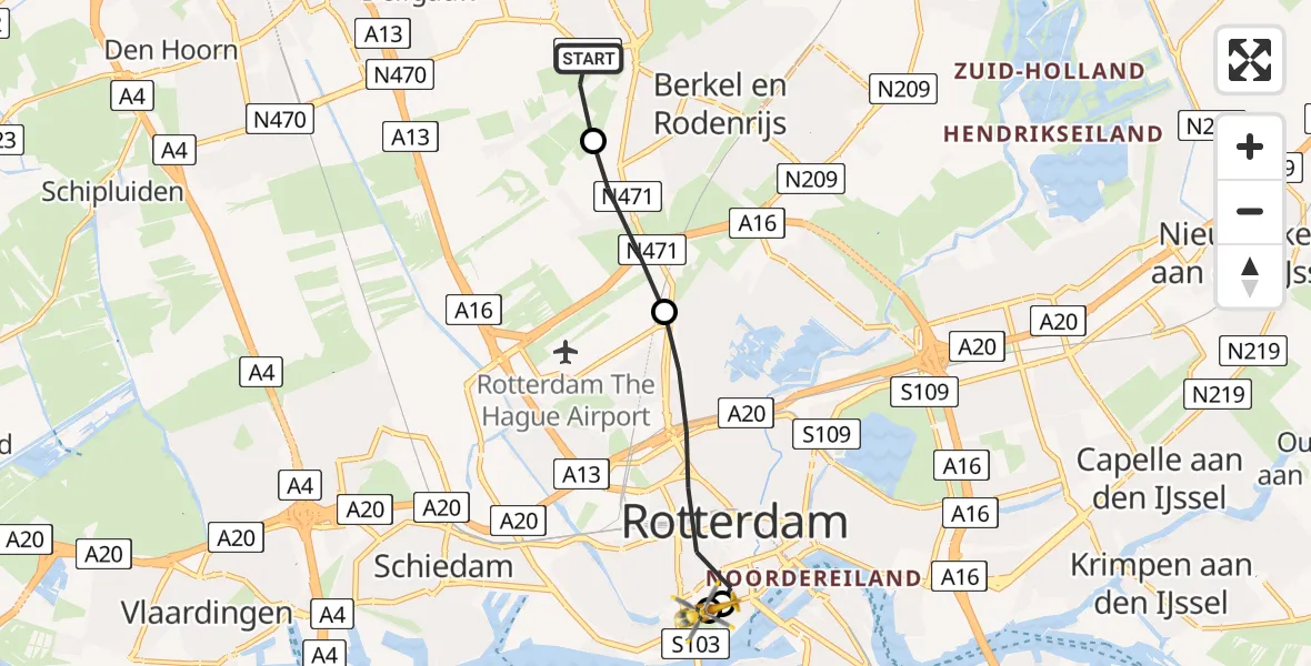 Vluchtroute Traumahelikopter van Pijnacker naar Leids Universitair Medisch Centrum (LUMC)