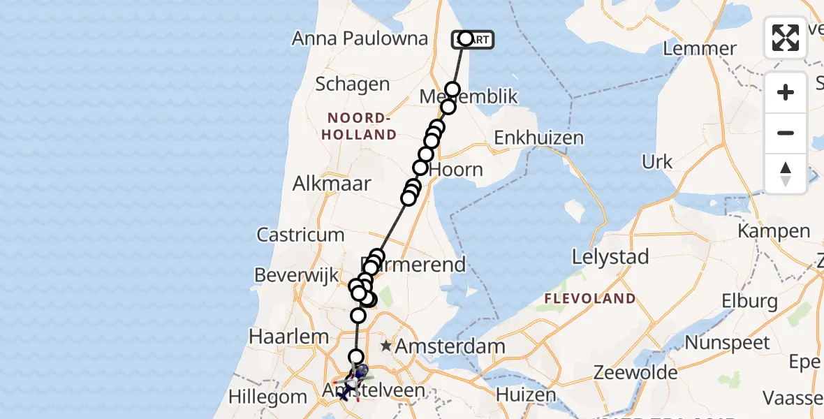 Vluchtroute Politiehelikopter van IJsselmeer naar Amsterdam Vliegveld Schiphol